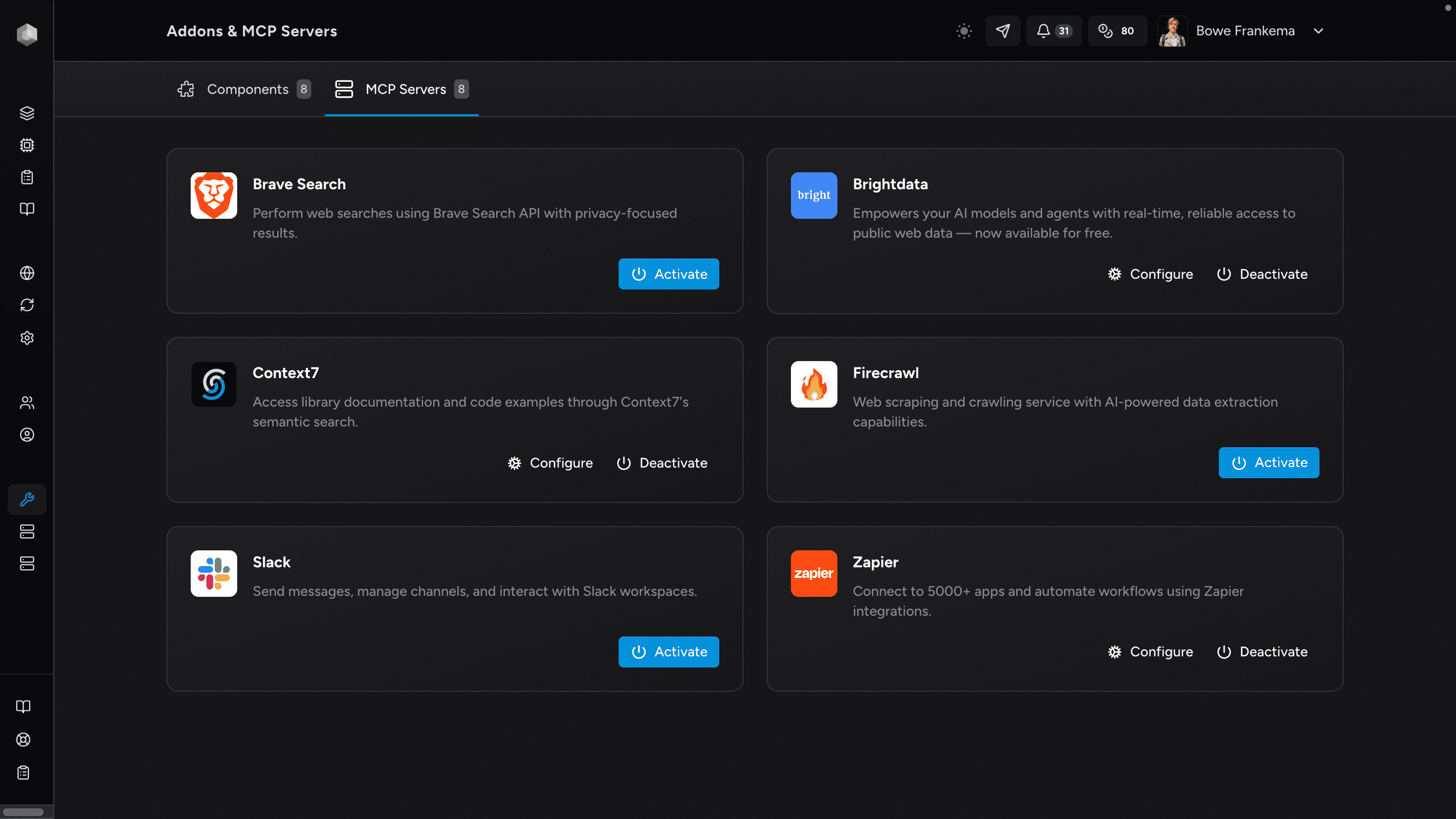 Dollie MCP servers page showing Brave Search, Brightdata, Context7, Firecrawl, Slack, and Zapier integrations